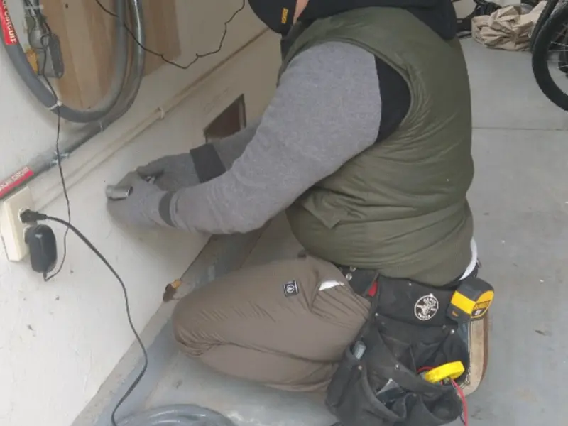 Electrician performing outlet wiring in a Arcade garage